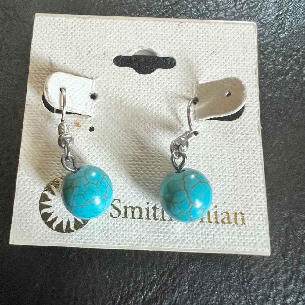Smithsonian Faux Turquoise Bead Dangle Earrings Silver Tone OS Boho 90s